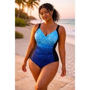 Miradonna Miraclesuit 16 Blue Ombre Tummy Control One Piece Swim NWT